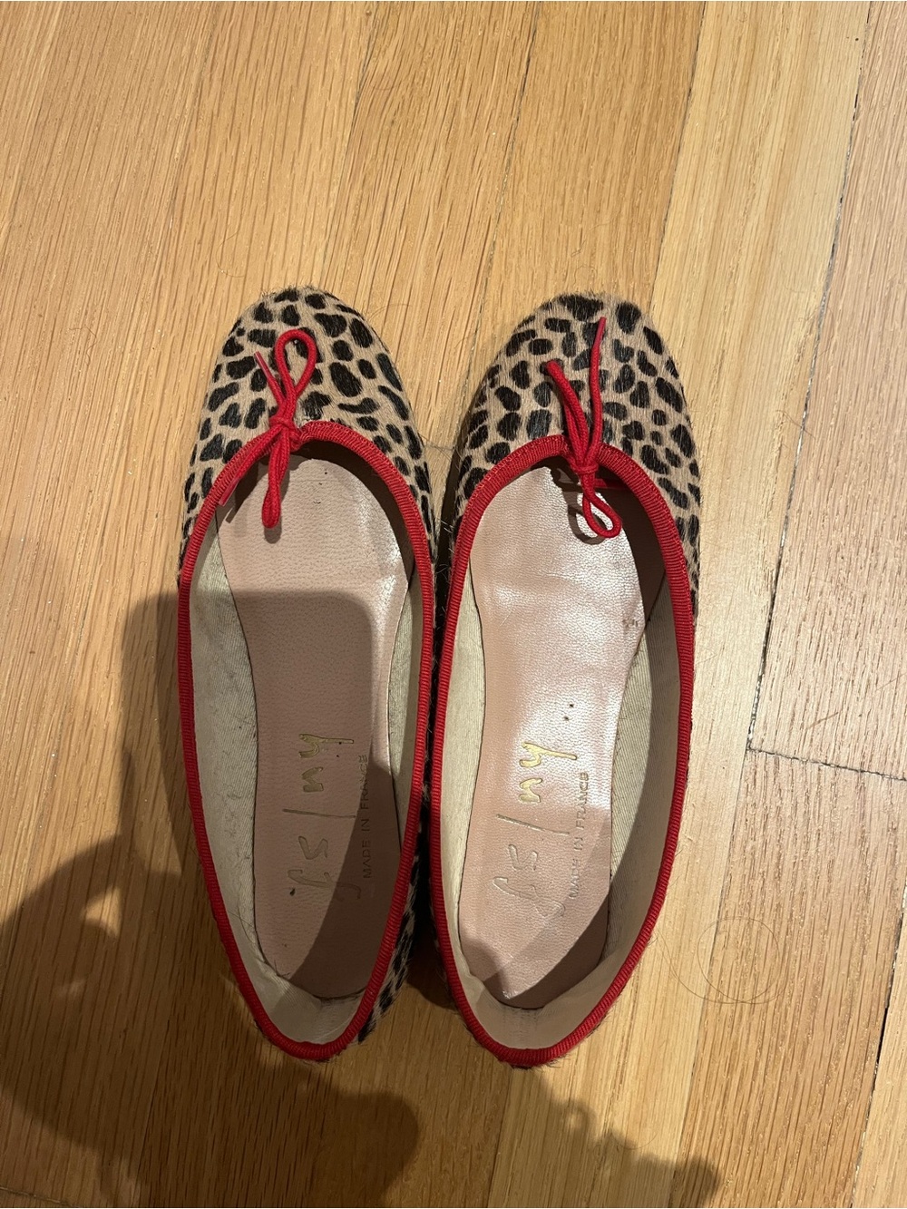 French Sole Leopard Print Ballet Flats with Red Trim